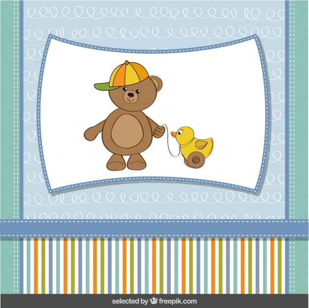 Divertido oso de peluche con pato de juguete, tarjeta de bienvenida del bebé