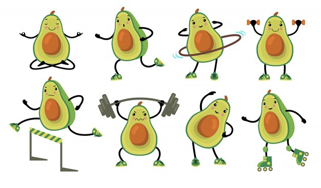 Divertidos aguacates haciendo ejercicio