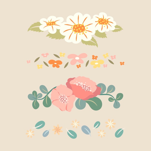 Divisor de flores, conjunto de ilustración de vector de etiqueta engomada de diseño plano pastel