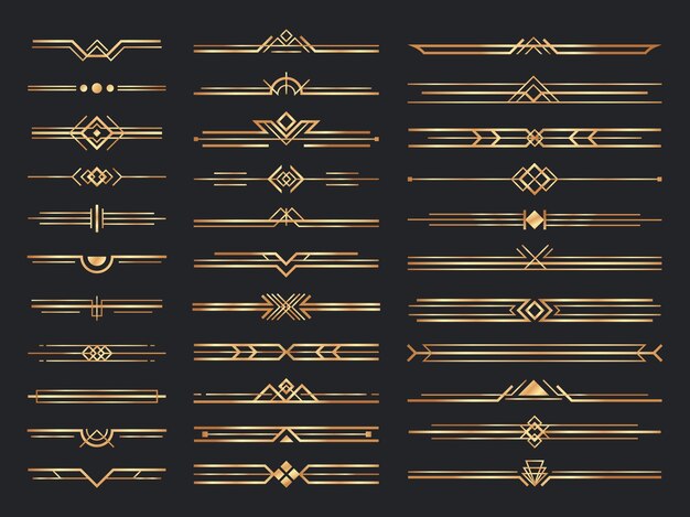 Divisores art deco de oro. Adornos de oro vintage, divisor decorativo y adorno de cabecera de los años 20