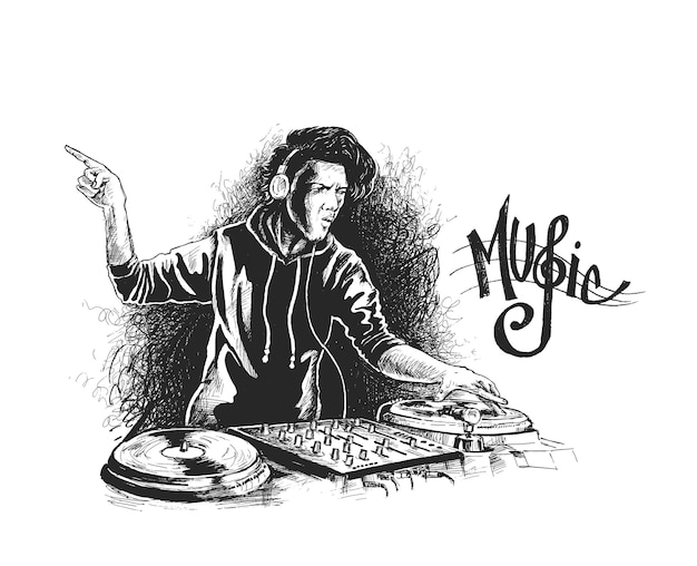 DJ con la barba mezclando música en tocadiscos Ilustración de vector de boceto dibujado a mano