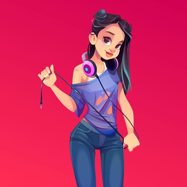 Dj girl en auriculares, ropa moderna, party maker