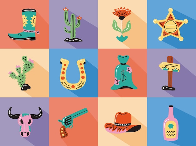 doce iconos de conjunto de garabatos del salvaje oeste