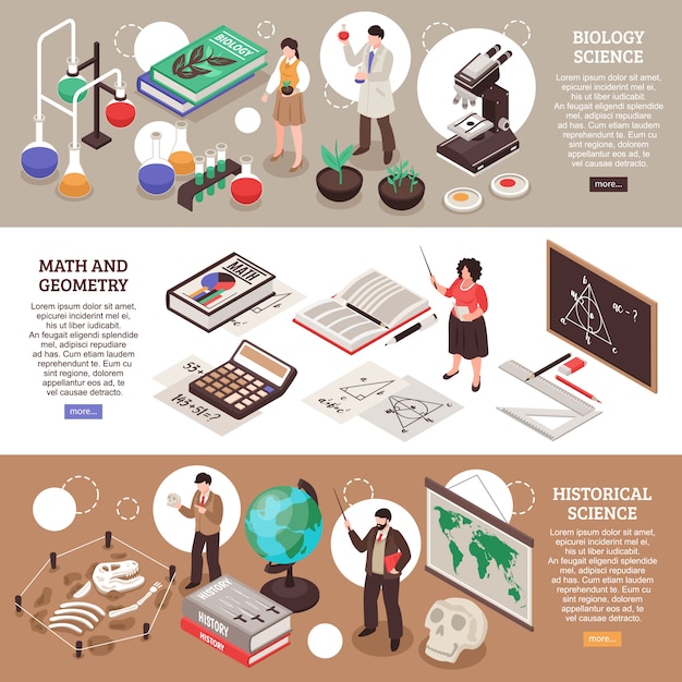 Los docentes y las pancartas horizontales escolares con símbolos de matemáticas y biología aislaron isométrica