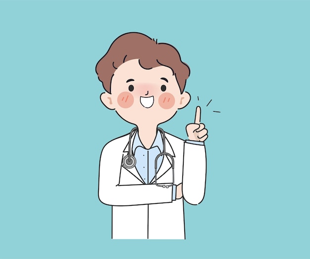 Doctor dibujado a mano responde el carácter de gesto de imágenes prediseñadas de preguntas