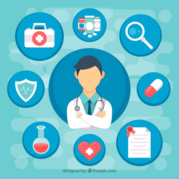 Doctor con diseño plano e iconos médicos