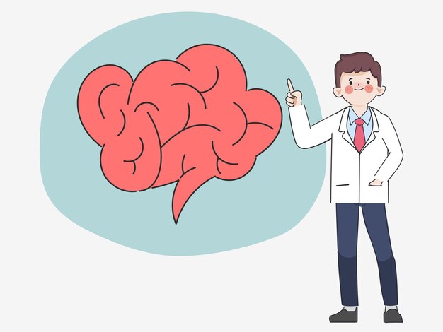Doctor hombre hablando sobre el cerebro Dibujado a mano doodle personaje médico de dibujos animados