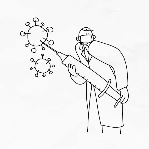 Doctor con ilustración de doodle de vacuna