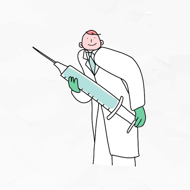 Doctor con ilustración de garabato de vector de vacuna