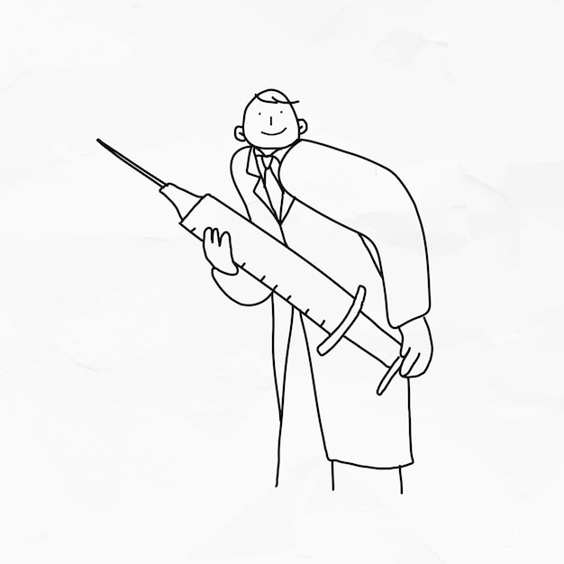 Doctor con ilustración de garabato de vector de vacuna