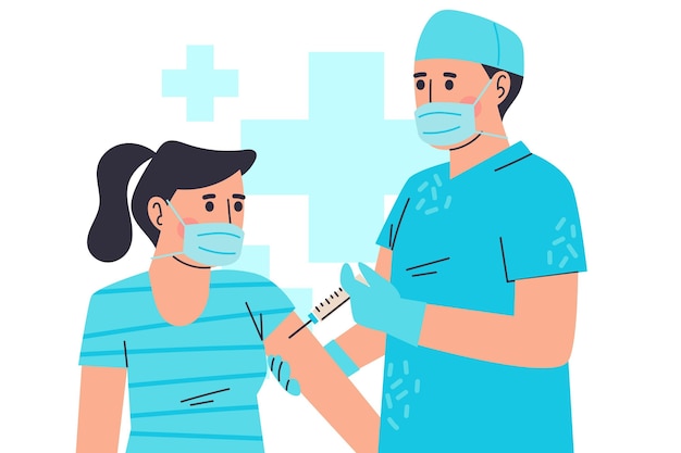Doctor ilustrado inyectando vacuna a un paciente