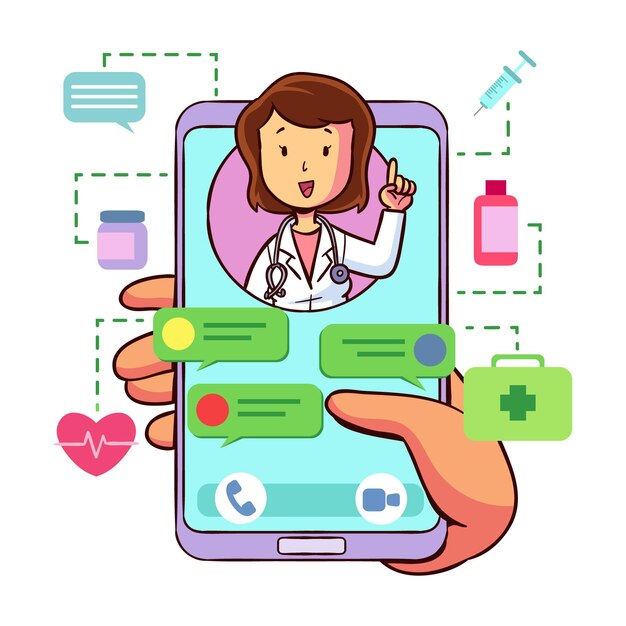Doctor en línea ilustrado en la aplicación de videollamada