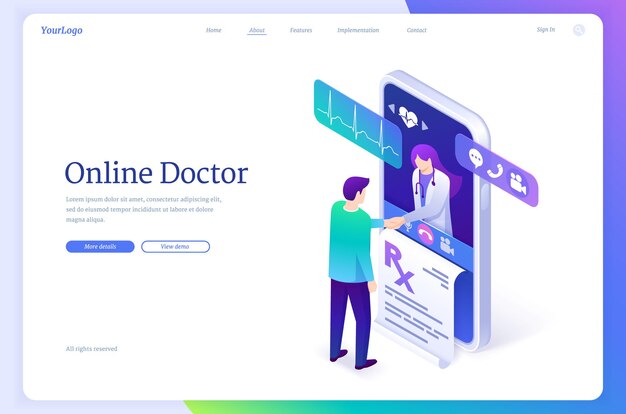 Doctor en línea página de inicio isométrica, telesalud