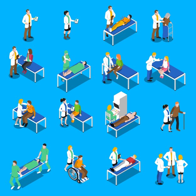 Doctor paciente comunicación conjunto de iconos isométricos