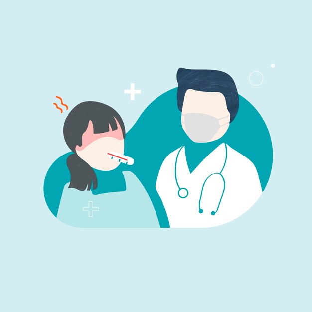 Doctor y un paciente con un vector de caracteres de fiebre alta