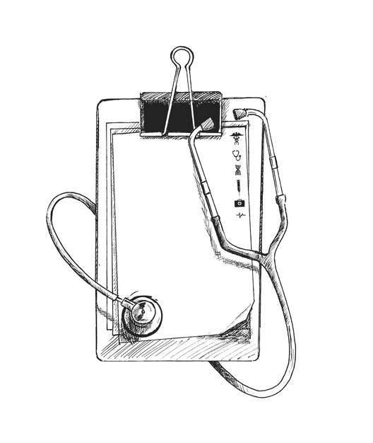 Doctor Portapapeles en blanco con estetoscopio moderno Ilustración de vector de boceto dibujado a mano