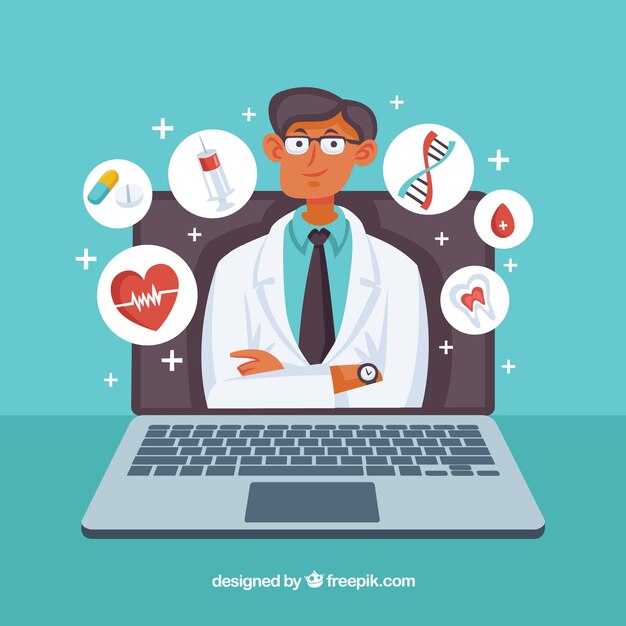 Doctor en smartphone con iconos