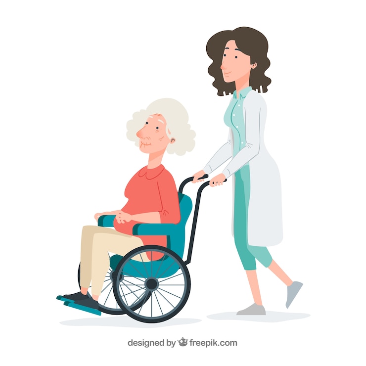 Vector gratuito doctora empujando mujer mayor en silla de ruedas