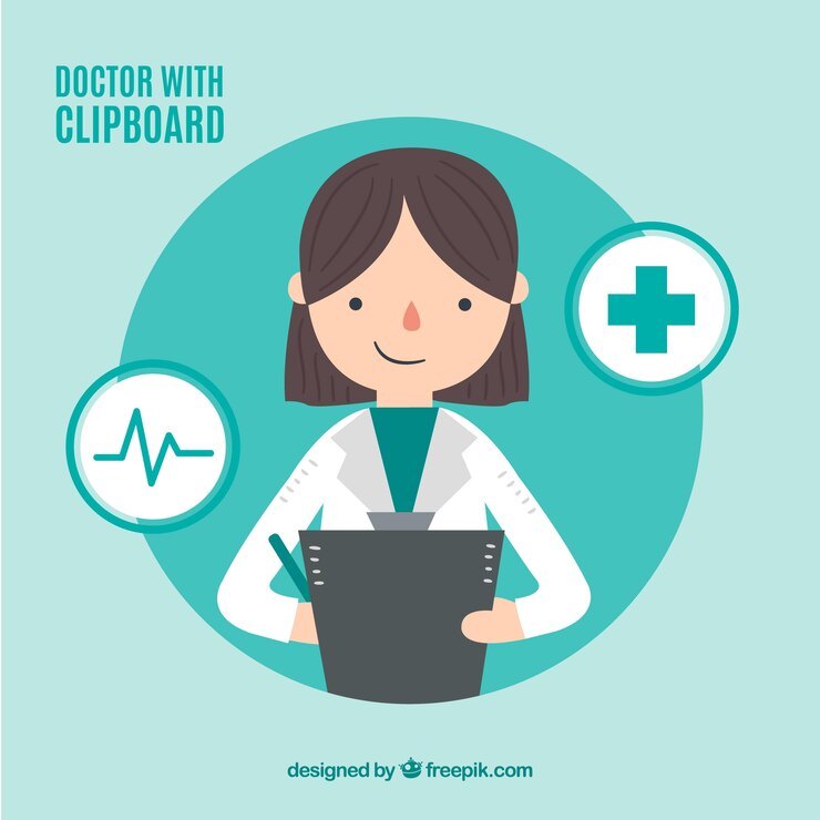 Vector gratuito doctora con portapapeles e iconos