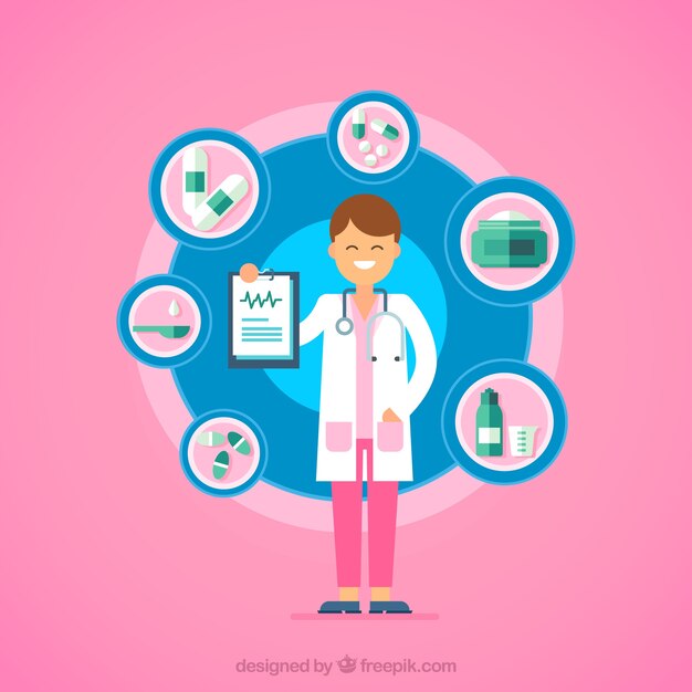 Doctora con portapapeles y elementos
