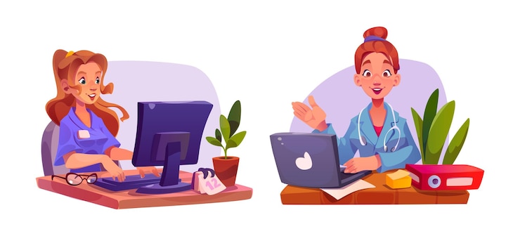 Vector gratuito doctora sentada en la mesa con una computadora
