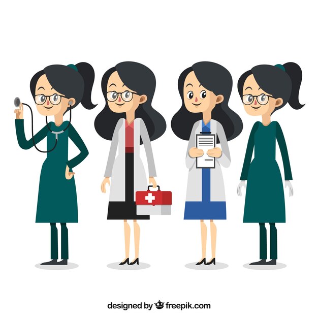 Doctora sonriente con distintos atuendos