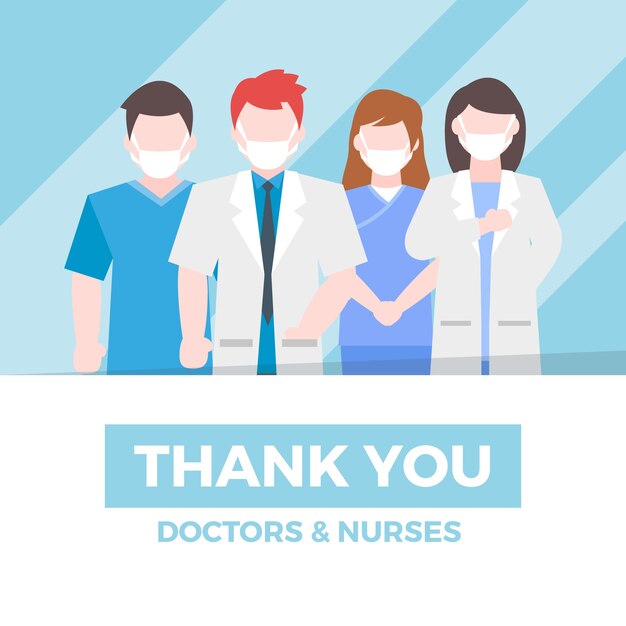 Doctores y enfermeras ilustrados con letras de agradecimiento