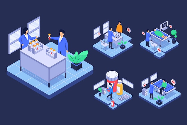 Doctores isometic investigando en laboratorio, paciente en cama para recibir tratamiento en personaje de dibujos animados, concepto de medicina. ilustración plana