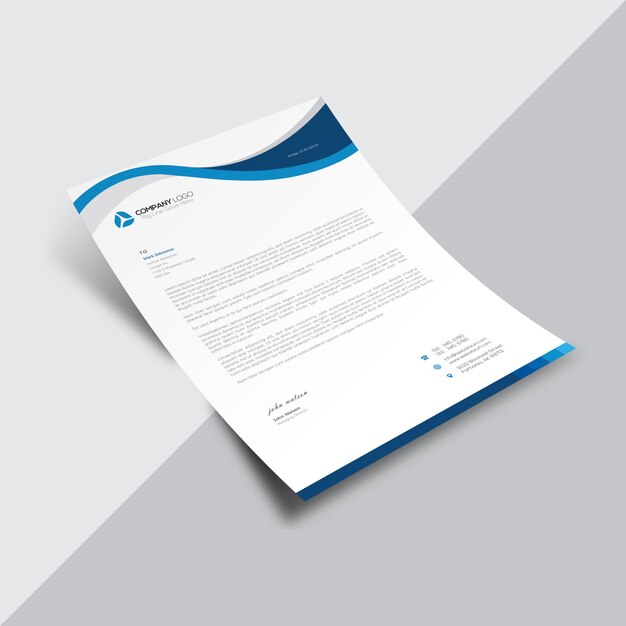 Documento de negocios blanco con detalles azules ondulados