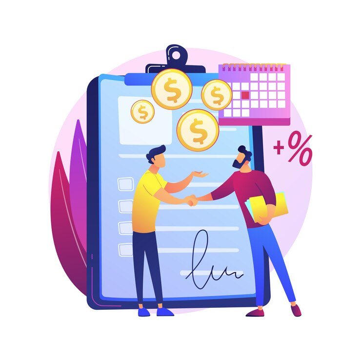 Vector gratuito documento de obligación financiera. factura de pago, contrato de préstamo, promesa de devolución de deuda. contrato de firma emisor y beneficiario. empresarios haciendo trato