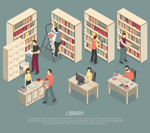 Documentos Biblioteca Archivo Interior Isométrico Ilustración