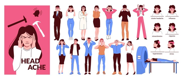 Vector gratuito dolor de cabeza conjunto de iconos planos aislados con personajes humanos jóvenes que representan diferentes síntomas de ilustración de vector de dolor