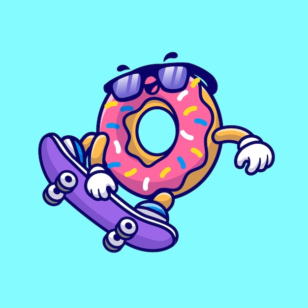 Donut lindo jugando patineta dibujos animados vector icono ilustración comida deporte icono concepto aislado