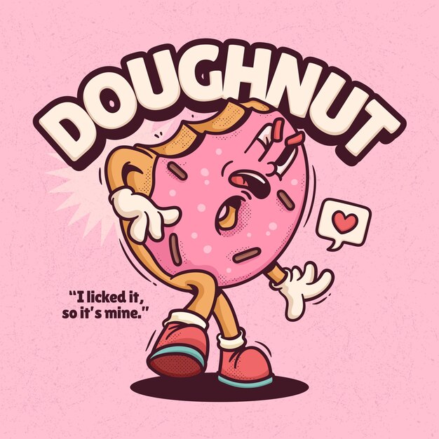 Donut Trendy Retro Cartoon Vector Dibujado a mano