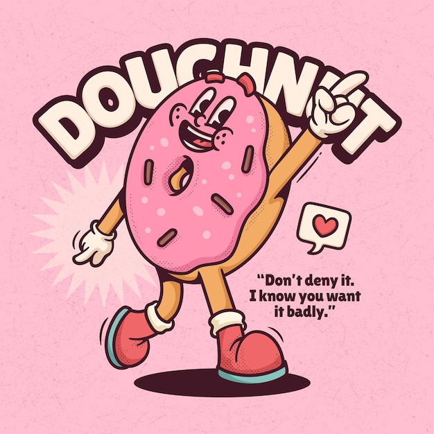 Donut Trendy Retro Cartoon Vector Dibujado a mano