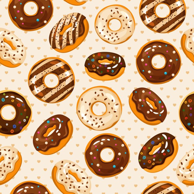 Donuts de chocolate en polvo glaseado y azúcar de patrones sin fisuras con sabroso postre