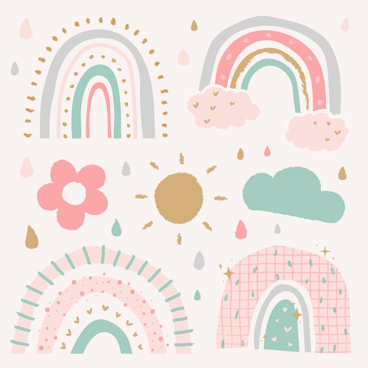 Vector gratuito doodle arco iris en conjunto de vectores de estilo lindo