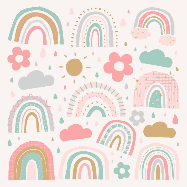 Doodle arco iris en conjunto de vectores de estilo lindo