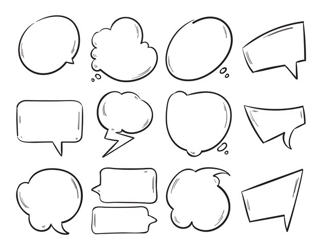 Doodle de burbujas de discurso en blanco, conjunto de formas de pensamiento de dibujos animados dibujados a mano.