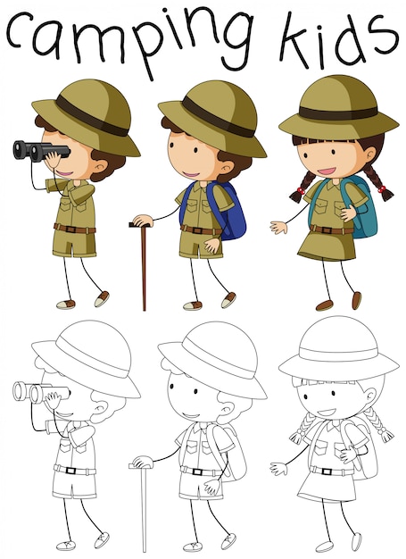 Vector gratuito doodle camping personaje de niños