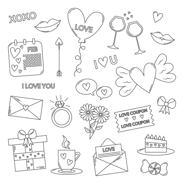 Doodle colección de elementos del día de san valentín