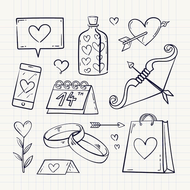 Doodle colección de elementos del día de san valentín