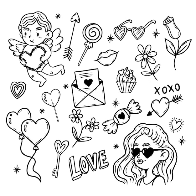 Doodle colección de elementos del día de san valentín