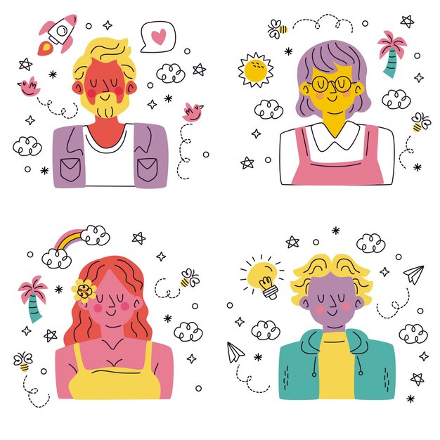 Doodle colección de pegatinas de avatar dibujadas a mano