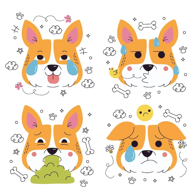 Vector gratuito doodle colección de pegatinas de emoticonos de perros dibujados a mano