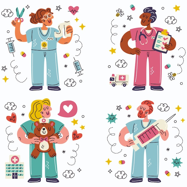 Vector gratuito doodle colección de pegatinas de enfermeras dibujadas a mano