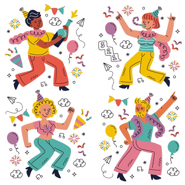 Doodle colección de pegatinas de fiesta de año nuevo