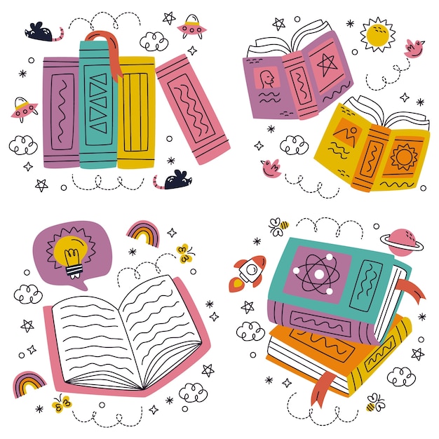 Doodle conjunto de elementos del día mundial del libro