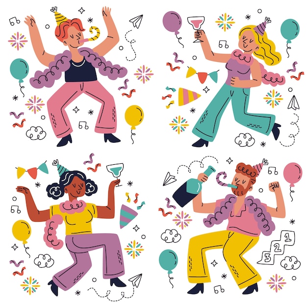 Vector gratuito doodle conjunto de pegatinas de fiesta de año nuevo