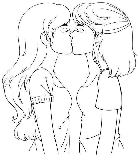 Doodle de contorno de besos de dibujos animados de pareja de lesbianas